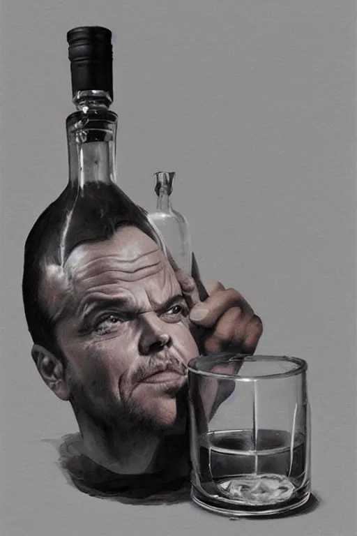 Prompt: imagine a ship in a bottle but instead of a ship a young jack nicholson is in the bottle, jack nicholson, fancy whiskey bottle, masterpiece painting by artgerm and greg rutkowski