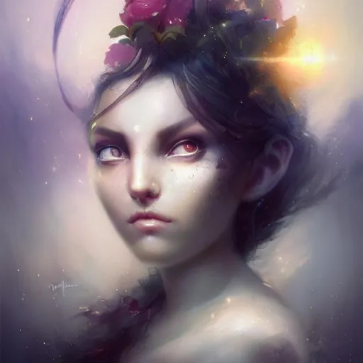 Prompt: face of a cute girl with eyes wide open looking into enlightenment by peter mohrbacher and emmanuel shiu and martin johnson heade and bastien lecouffe - deharme