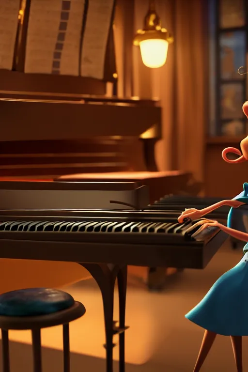 Image similar to the girl playing piano on a bar. pixar disney 4 k 3 d render funny animation movie oscar winning trending on artstation and behance. ratatouille style.