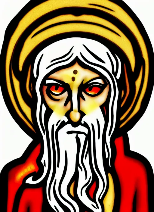 Image similar to old man with red eyes, infernal icon with halo, color art in church style 4 k