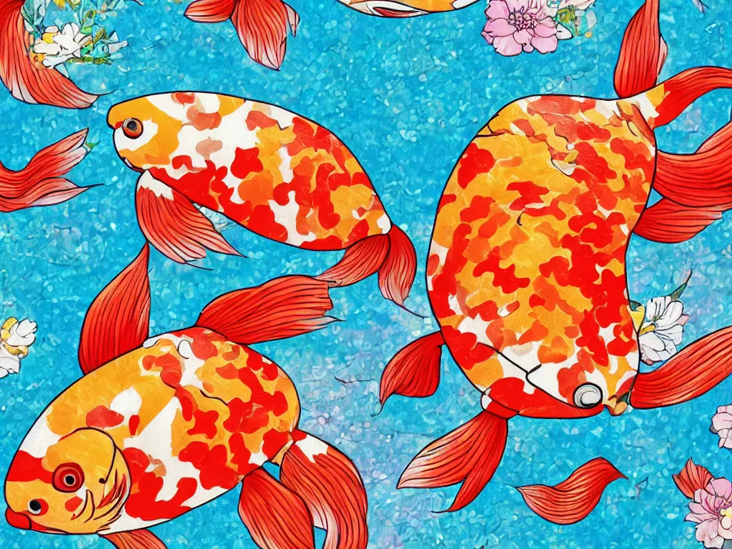 Image similar to colorful koi carp collage illustration pattern, tiny, small, miniature, short, cute and adorable, digital painting, highly detailed, intricate, elegant, artstation, concept art, colorful, beautiful, studio ghibli, aoshima chiho, takashi murakami, manga, cute and adorable