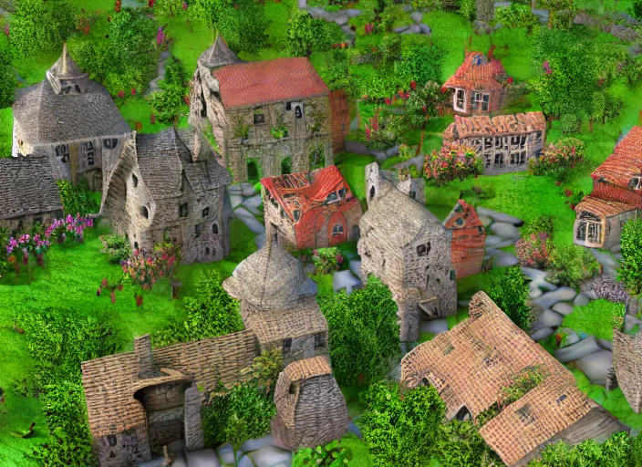 Prompt: medieval gardens, cottages, mills, wood roofs, colorful painted stucco, round windows, street lamps, water ways, dead trees, bushes, thorns, stone pathways, stairs, ponds, gazebos, bridges, 3d model, miniature, iso, isometric view, gas lighting, stone and wood, dead tree, digital art, unreal engine, artgerm, thomas kinkade, blizzard