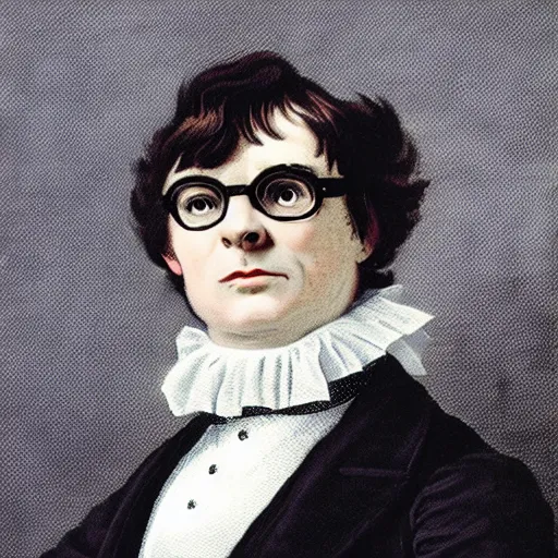 Image similar to old victorian portrait of austin powers, wearing a powdered wig, wearing a ruffled shirt