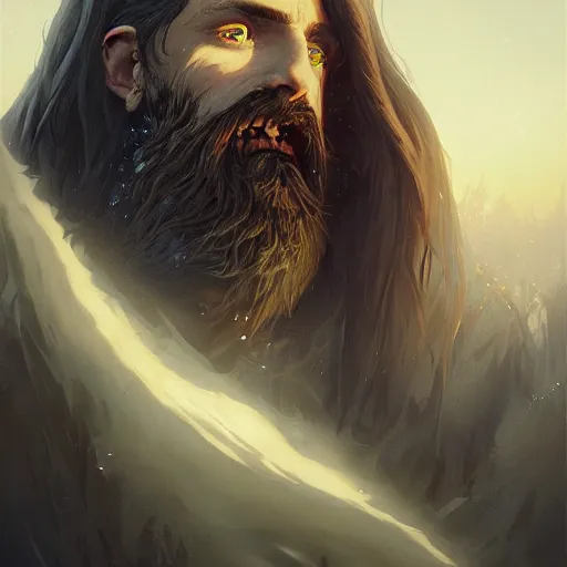 Image similar to highly detailed portrait from a gothic man with designer beard, stephen bliss, unreal engine, fantasy art by greg rutkowski, loish, rhads, ferdinand knab, makoto shinkai and lois van baarle, ilya kuvshinov, rossdraws, tom bagshaw, global illumination, radiant light, detailed and intricate environment