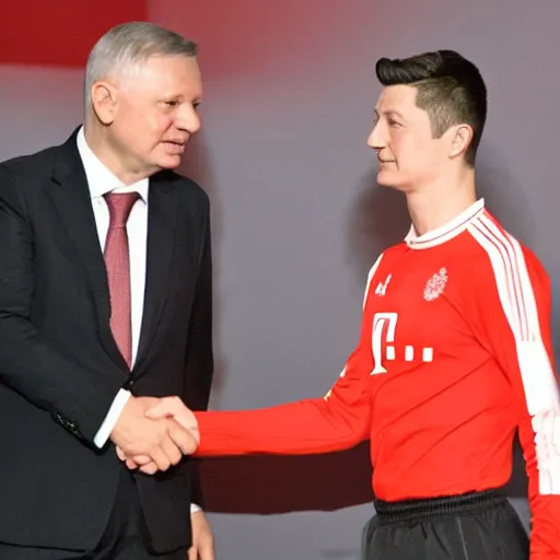 Prompt: jarosław kaczynski shaking hands with robert lewandowski