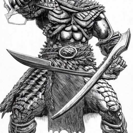 Prompt: A warrior holding a giant axe, black and white, by Kentaro Miura