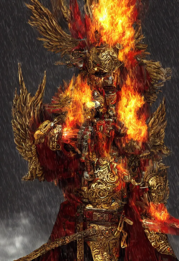 Image similar to a samurai mask worn by an angel with very big wings and a flaming sword standing in the rain, digital art, concept art, deviantart. highly detailed