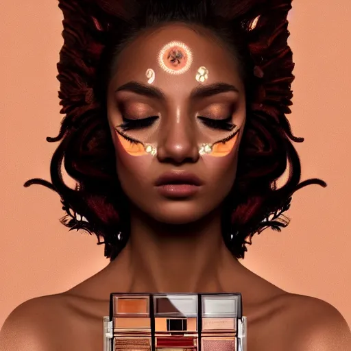 Image similar to modern portrait of fairy goddess, zoom, rule of thirds, atmosphere, intricate, regal, latinas, ( brown skin ), symmetrical!!, loreal, maybelline, sephora, loreal, artstation, art by gonzalo ordonez arias, moody, ( ( cinematic ) ) concept art, filmic, vsco