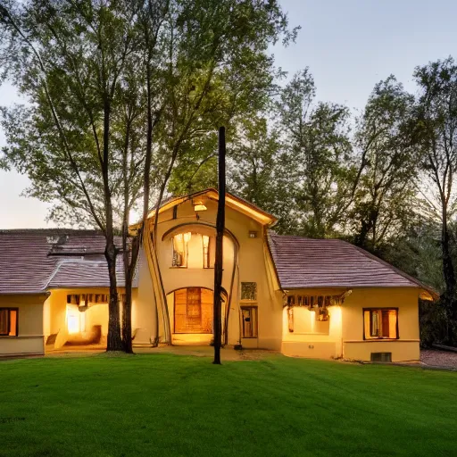 Prompt: A residential house built for a peasant made from gold. well lit from the inside, Real estate photography