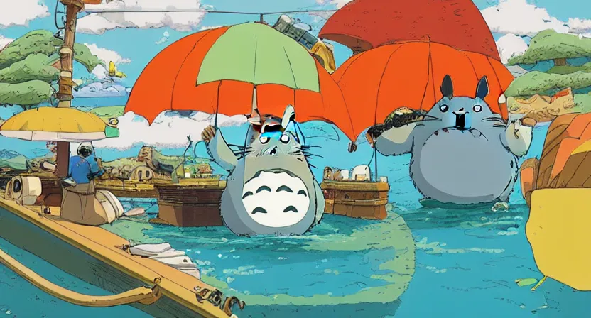 Image similar to extreme wide shot of totoro in The Life Aquatic with Steve Zissou, in the style of studio ghibli & wes anderson collaboration, digital painting