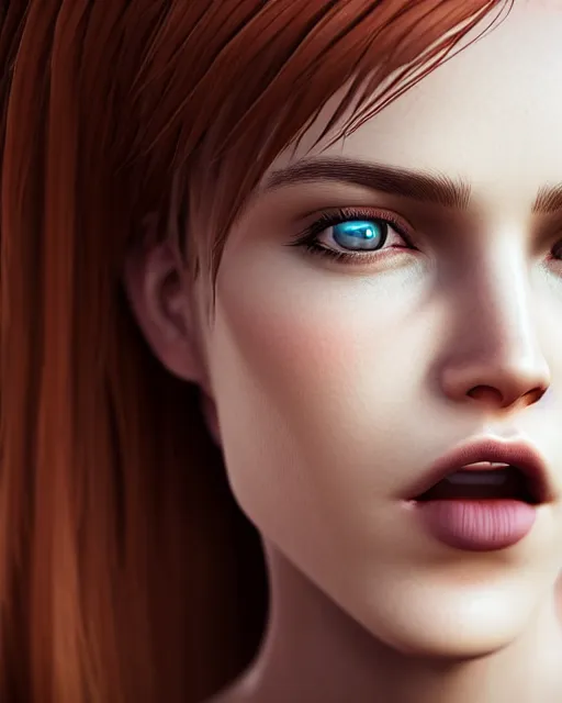 Prompt: realistic concept of a young female game character with big equilateral triangle in place of a mouth, detailed portrait, bokeh. 8k, sharp high quality photo