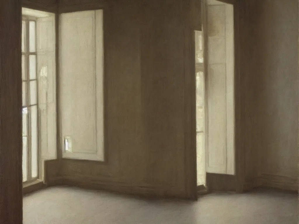 Image similar to Interior of a house under renovation with carved marble column in the middle. Afternoon light. Painting by Vilhelm Hammershoi