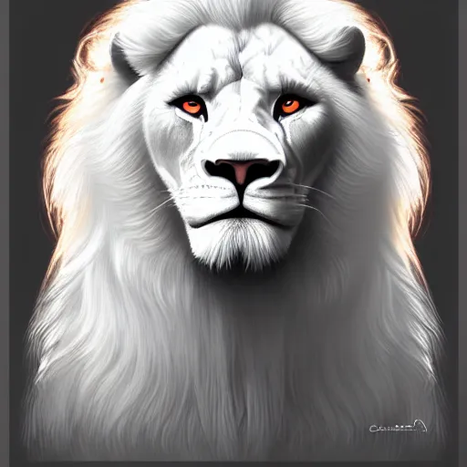 Image similar to a beautfiul aesthetic commission portrait of a anthro albino lion wearing a supreme t-shirt,attractive beautiful face,detailes face,natural lighting,fantasy art,deviantart,artstation,character design by charles bowater,ross tran,4k,photorealistic