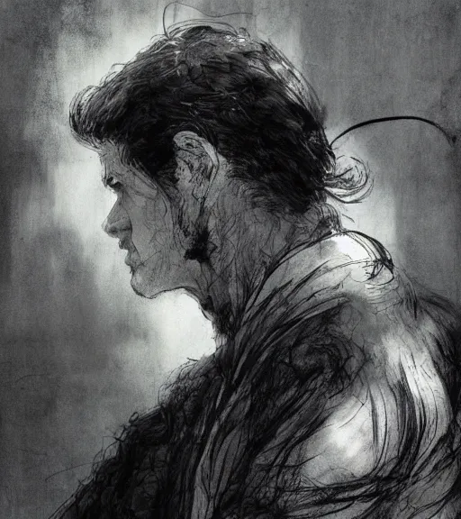 Image similar to portrait of clean - shaven man with pony - tail hair up wearing black robes, pen and ink, intricate line drawings, by craig mullins, ruan jia, kentaro miura, greg rutkowski, loundraw