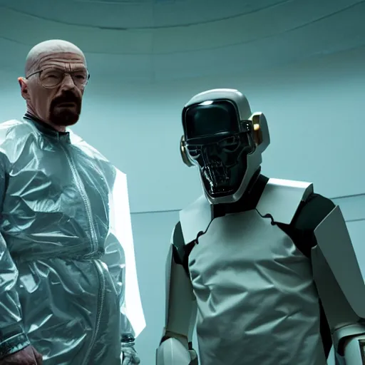 Image similar to Film still of Walter White in cybernetic battle armor in new futuristic futuristic Breaking Bad movie, highly detailed, 4k