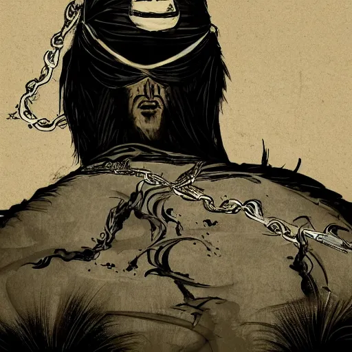 Prompt: a portrait from behind of a samurai man vagabond with a moon behind him, the samurai is wrapped in chains, detailed, concept art, ink style, sketch