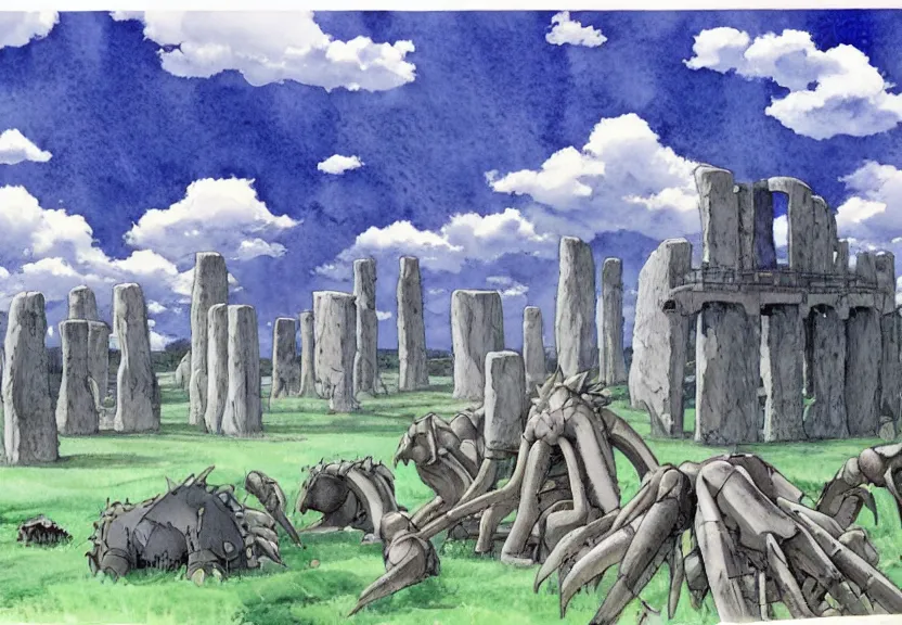 Prompt: a hyperrealist watercolor concept art from a studio ghibli film showing a giant grey mechanized prehistoric creature from howl's moving castle ( 2 0 0 4 ). stonehenge is under construction in the background, in the rainforest on a misty and starry night. by studio ghibli. very dull muted colors