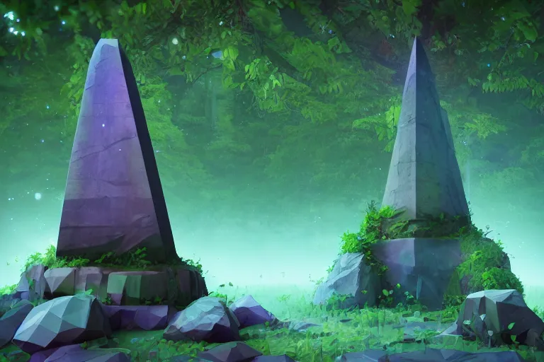 Image similar to super detailed color lowpoly art, thick overgrown forest grove, ancient stone obelisk featuring subtle glowing magic runes, emitting soft nature magic particles, unreal engine, retrowave color palette, 3 d render, lowpoly, colorful, digital art, perspective