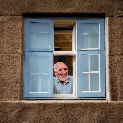 Prompt: an smiling old man peeking through a small window