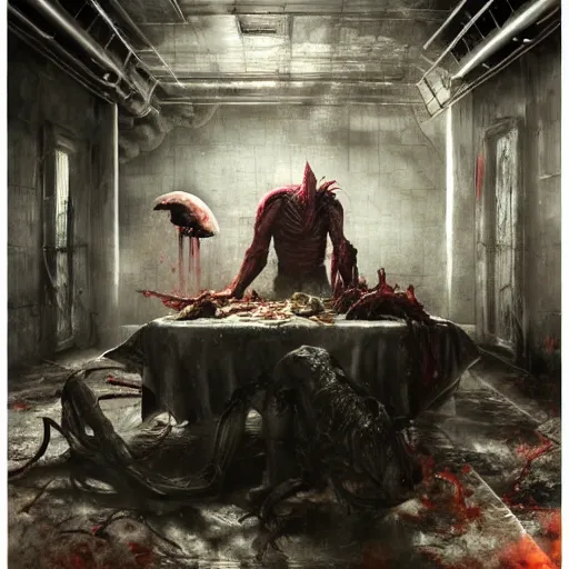 Prompt: two men eating meat in an old kitchen with a dead alien autopsy happening on the table with crows flying around the room and a wolf in the room by hr giger, greg rutkowski, luis royo and wayne barlowe as a diablo, resident evil, dark souls, bloodborne monster : : hyper realistic, ultrarealistic, realism, photoreal, 8 k : :