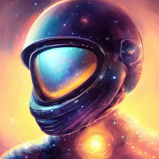 Prompt: portrait of a young rugged astronaut, galaxy spiral background. exploded helmet, D&D, fantasy, intricate, elegant, highly detailed, digital painting, artstation, concept art, matte, sharp focus, illustration, art by Anna dittmann