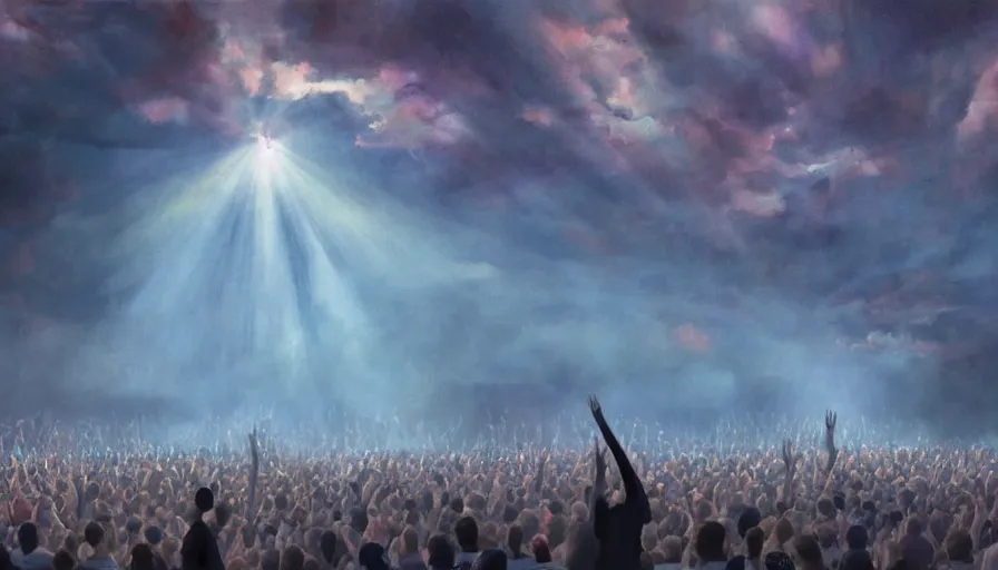 Prompt: painting of a crowd with raised arms pointing towards a glowing sky, volumetric lighting, nasty, hyperdetailed, realistic