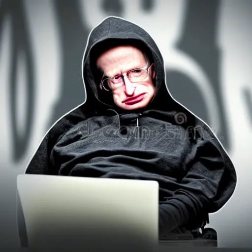 Image similar to Steven Hawking sitting in a dark room with a laptop, wearing a hoodie with a cape on, hacker stock photo, hacking, anonymous, the Matrix