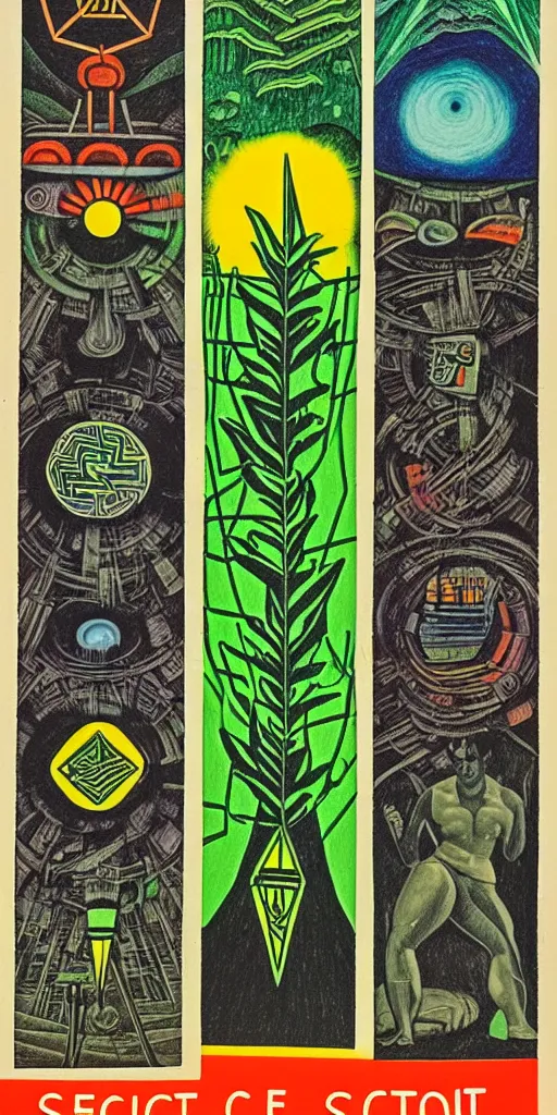 Image similar to 1968 science fiction tarot card, cut out collage, neon Aztec, spring on Saturn, epic theater, deep forest, mountain plants, drawings in part by Diego Rivera, part by Ernst Haekl, text by William S Boroughs, written by Michael Ende