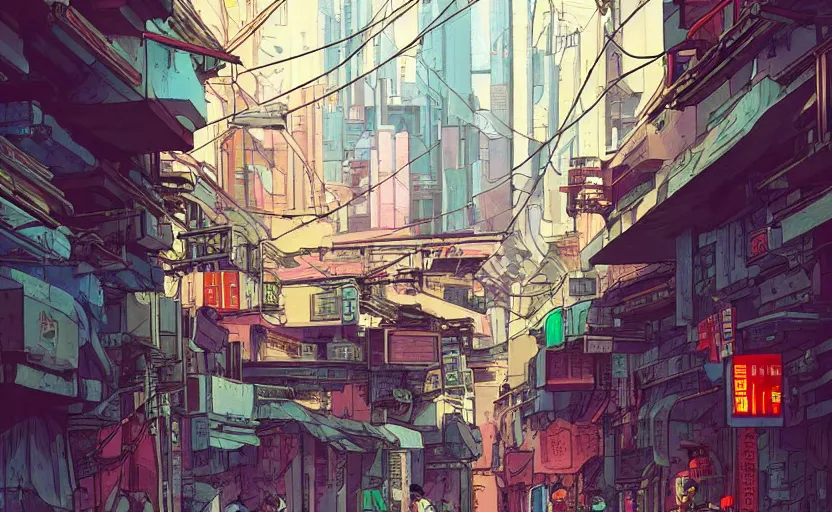Image similar to a cyberpunk hong kong alley with robots and humans walking around by moebius, studio ghibli color palette