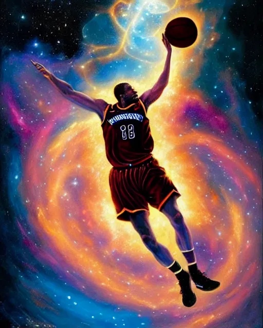 Image similar to cosmic basketball player dunking a basketball hoop in a nebula, an oil painting, by ( leonardo da vinci ) and greg rutkowski and rafal olbinski, award - winning magazine cover