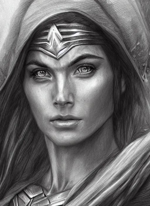 Prompt: realistic portrait pencil sketch of wonder woman, old mystic ruins, afternoon, intricate, elegant, highly detailed, digital painting, sharp, focus, by artgerm and greg rutkowski