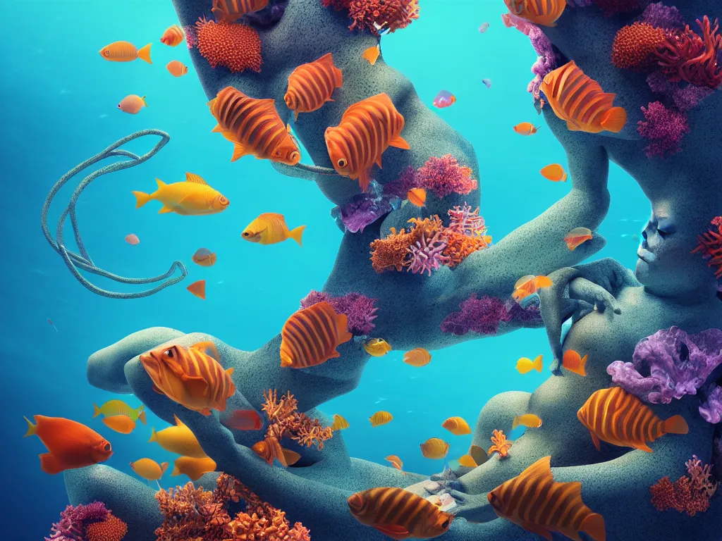 Image similar to a sculpture of fish ocean intertwined, diode lighting, a lovely cornucopia of flowers and human body parts, body parts, highly detailed, octane render, cinematic, sharp focus, clean, studio lighting, sunset, great barrier reef