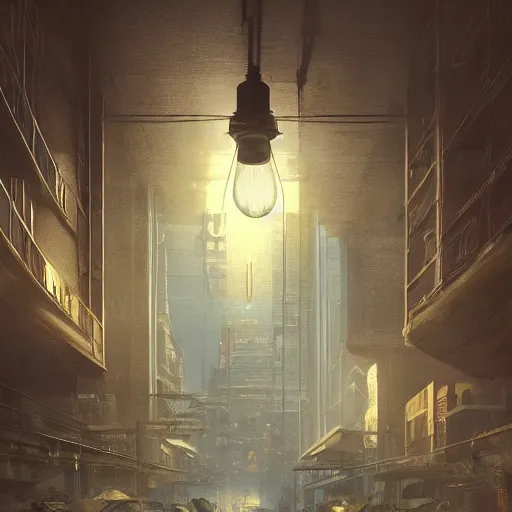 Prompt: a modern city inside a light bulb, by greg rutkowski, trending on artstation,hyperrealistic, Full HD Resolutions cinematic Rendering unreal engine cinema4D surreal romanticism art