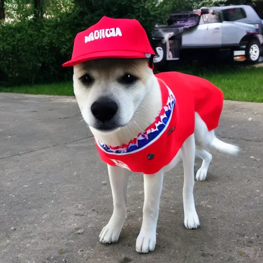 Prompt: doge wearing a make america great again cap, realistic,