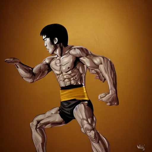 Prompt: bruce lee training with wooden dummy at temple dojo intricate, elegant, highly detailed, digital painting, artstation, concept art, matte, sharp focus, illustration gold filigree wallpaper