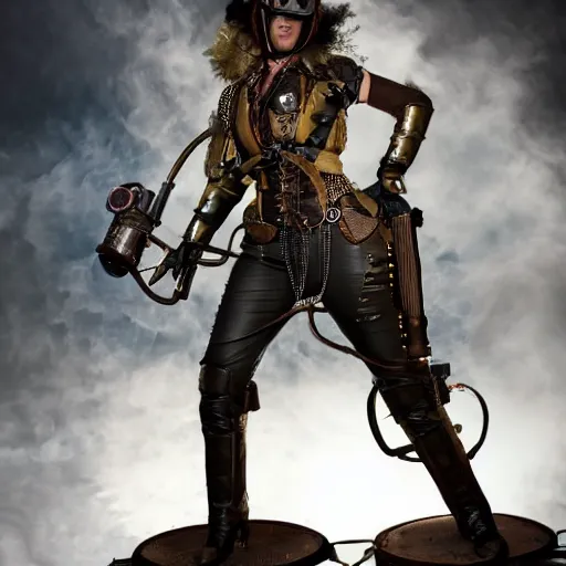 Prompt: photo of a female steampunk warrior with jetpack and flamethrower