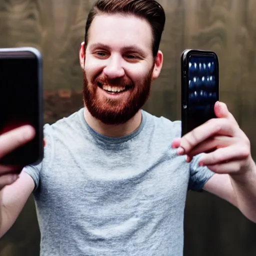 Prompt: man takes selfie of himself with an iphone 12 pro max