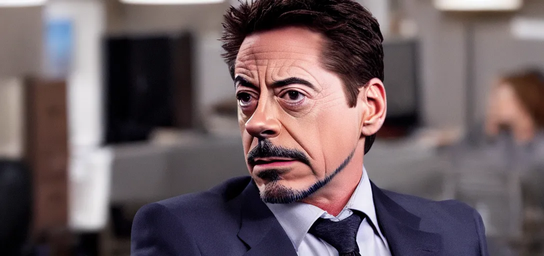 Image similar to a very high resolution image of tony stark. from an episode of the office with micheal scott. photorealistic, photography