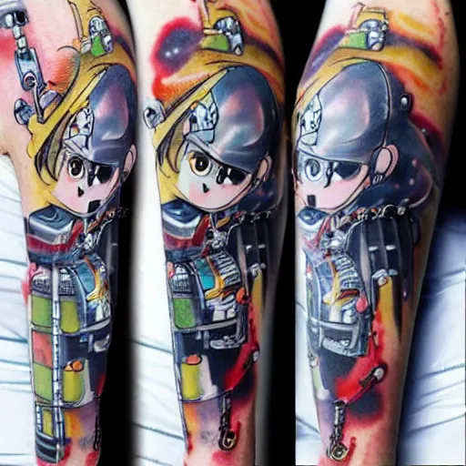 Image similar to Anime manga robot!! Anime girl tattoo, cyborg girl, exposed wires and gears, fully robotic!! girl, manga!! in the style of Junji Ito and Naoko Takeuchi, cute!! chibi!!! Schoolgirl, tattoo on upper arm, arm tattoo