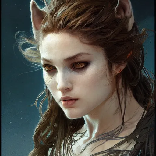 Image similar to portrait Painting of a wolf, horror, intricate, wild, highly detailed, digital painting, artstation, concept art, smooth, sharp focus, illustration, art by artgerm and greg rutkowski and alphonse mucha