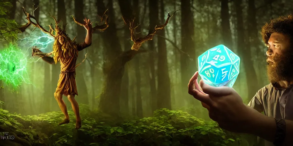 Image similar to a mythical, magical forest spirit wizard casting a spell on a 3 d cube dice, glowing energy, fantasy magic, by willian murai and jason chan and marco bucci, hyper detailed and realistic, illustration, sharp focus, cinematic, rule of thirds, foresthour