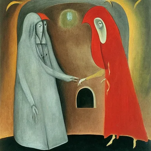 Image similar to the devil meets the nun, leonora carrington