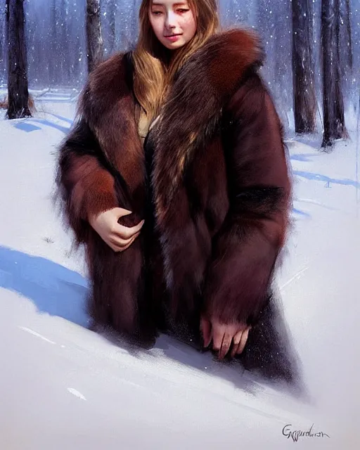 Image similar to a beautiful siberian girl with bear fur coat | | realistic shaded, unpleasant face, bad looking, fine details, realistic shaded lighting poster by greg rutkowski, magali villeneuve, artgerm, jeremy lipkin and michael garmash and rob rey