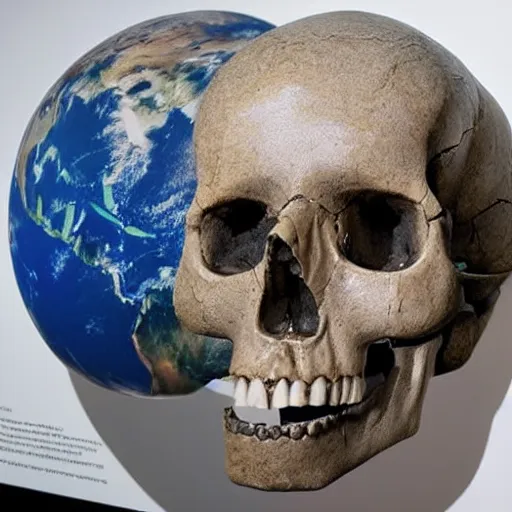 Image similar to A human skull in a museum exhibit with a picture of planet Earth next to it, alien language, science fiction