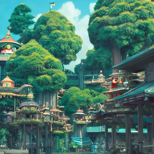 Image similar to studio ghibli themed amusement park, trending on artstation, dramatic lighting, octane render, weta digital, micro details, 3 d sculpture, structure, ray trace, insane details, intricate, elite, ornate, elegant