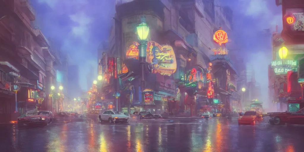 Image similar to street at las vegas, foggy rainy day, matte painting, studio ghibli, artstation
