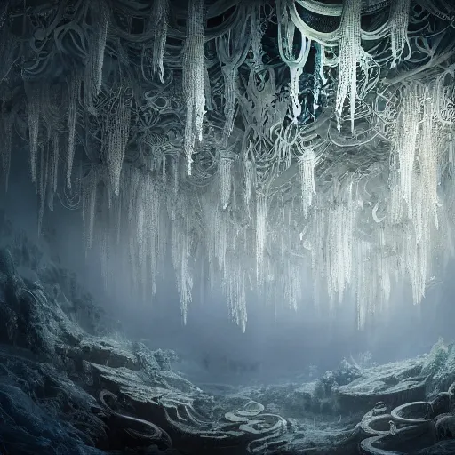 Image similar to under an white intricate like lace epic forest suspended in the air upside down, a white pool with intricate epic circles of water within floating female robots, dressed in intricate veils and jewels, and an intricate mythological underwater city, epic environment, matte painting, diffused lighting, highly detailed, cinematic, epic atmosphere, digital art, trending on artstation, wide angle