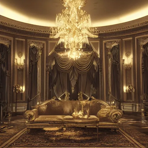 Image similar to luxurious winter palace interior, dark deco sci fi, 8k hd concept art, hyperrealistic, ultra detailed, cinematic, cinematic lighting, featured on artstation, octane render