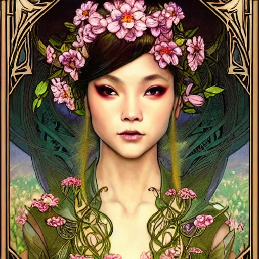 Prompt: face portrait of a filipino beautiful mysterious fairy with flowery tall headgear, without hands, by eve ventrue, artgerm, thomas kinkade, hayao miyazaki. art nouveau. tarot card by mucha. gloomhaven. swirly intricate linework background. gaudy colors, sharp edges. octane render