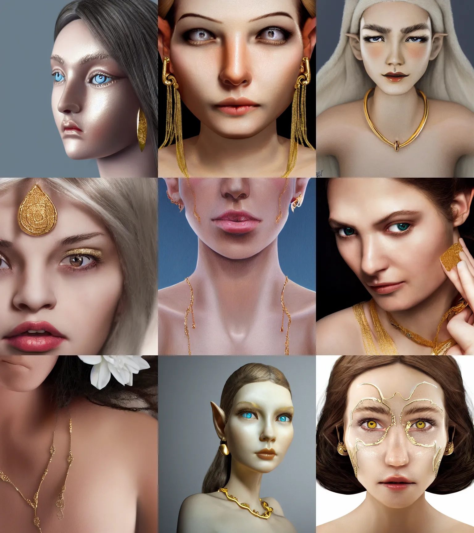 Prompt: a close - up product photo, elf girl with soft white skin, gold jewelry, hyperrealism, look at the details